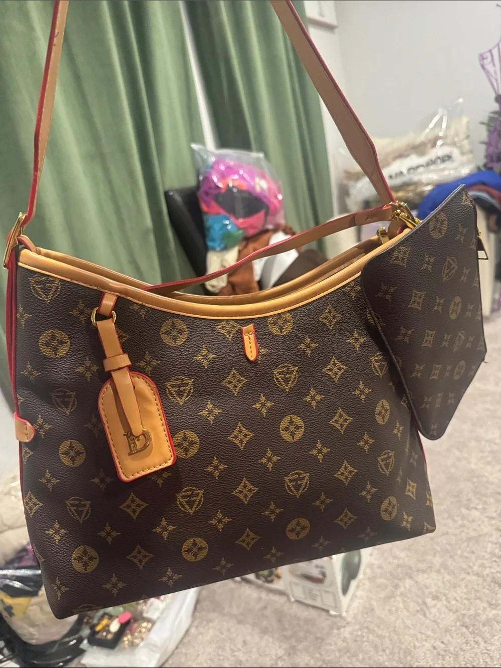 SHEIN Brown Monogram Shoulder Bag with Tan and Red Trim